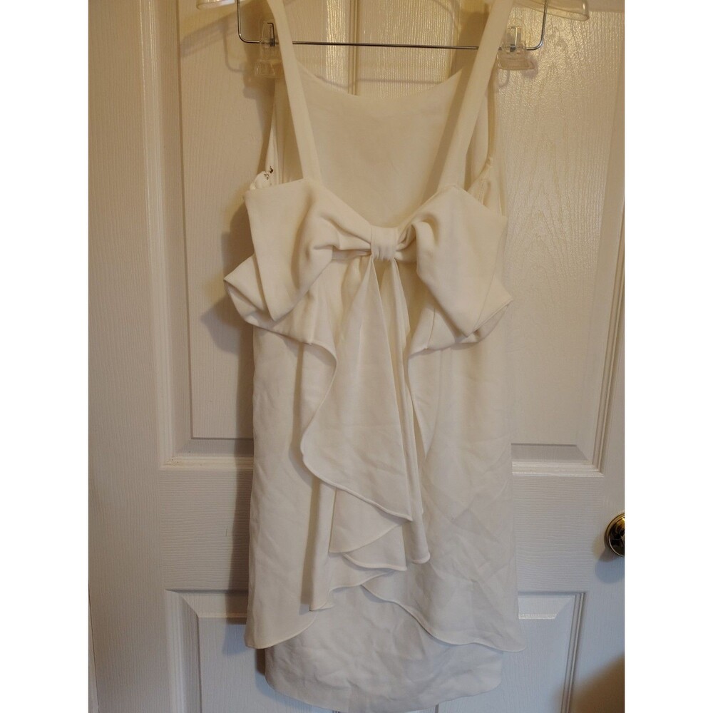 Club Monaco Women's 8 White Solid Square Neck Bow Ruffle Short Lined Zip Dress